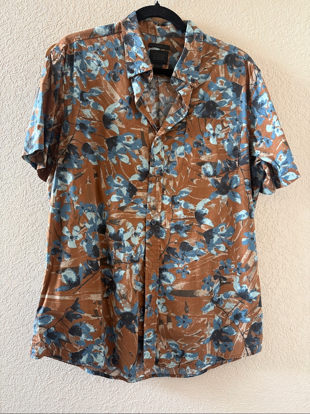 14th & Union Mens Brown  blue Short-Sleeve cotton Button Hawaiian Shirt size L